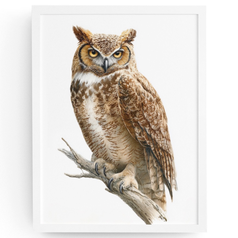 Watercolor Great Horned Owl Portrait Wall Art Print, Unframed - Woodland
